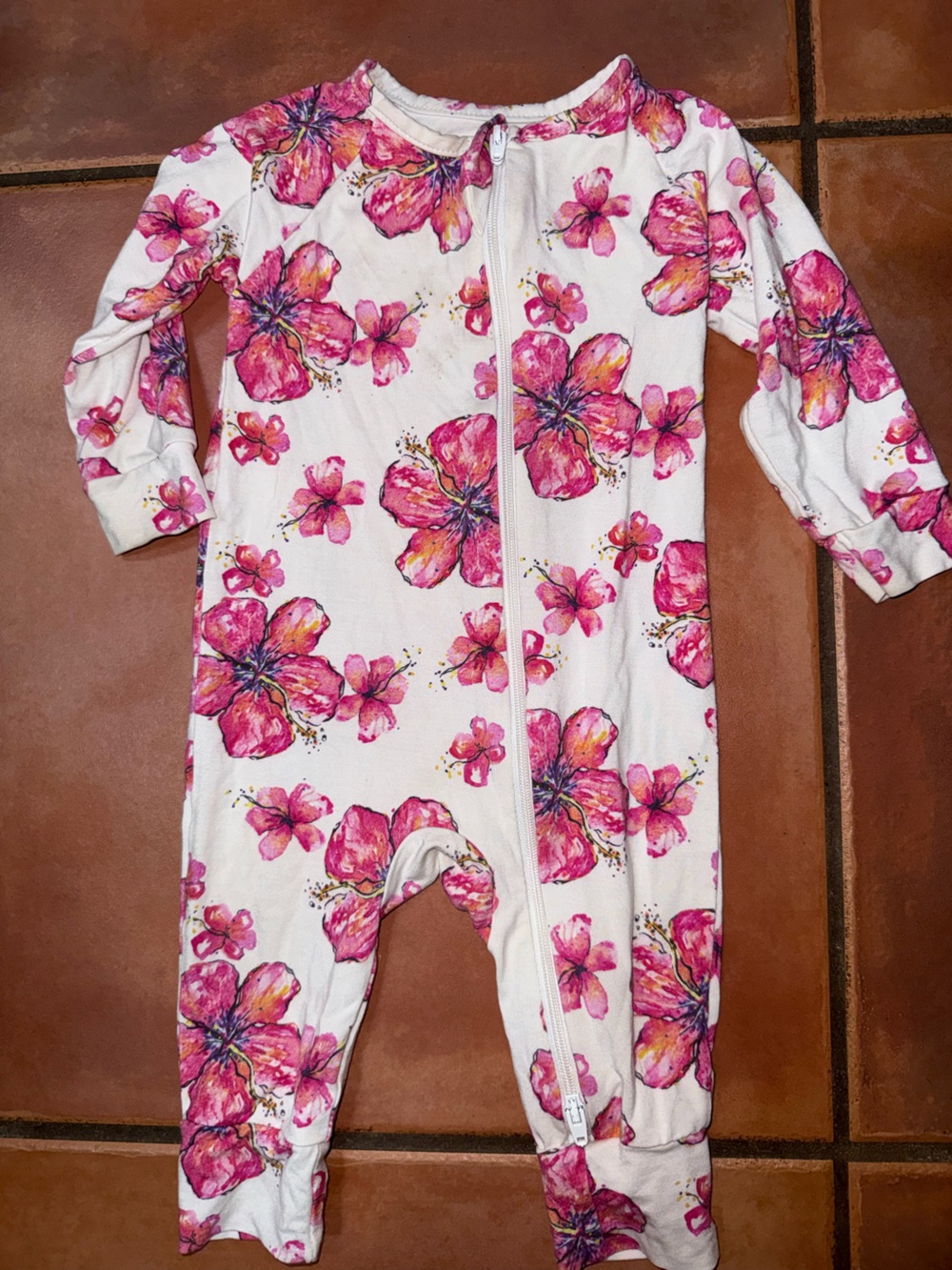 Girls' White Floral Zip Romper with Pink Hibiscus Print